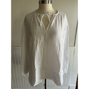 Haven Long Sleeve Blouse Tunic 100% Cotton Gauze Crinkle White Coastal Flowy M